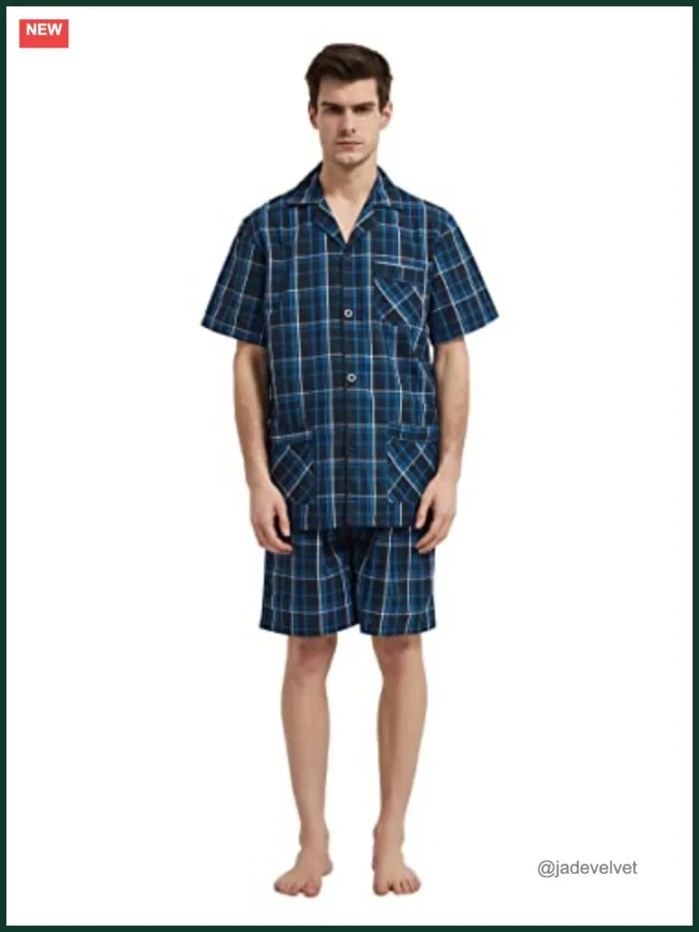 100% Cotton Mens Short Pajama Set Summer Loungewear Plaid Sleepwear